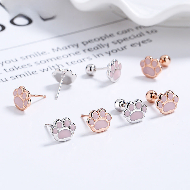 925 Sterling Silver Sweet Pink Cat's Claw Thread Ear Nail Women's Cute Cat's Claw Ear Bone Nail Simple Ins Elegant Ear Jewelry
